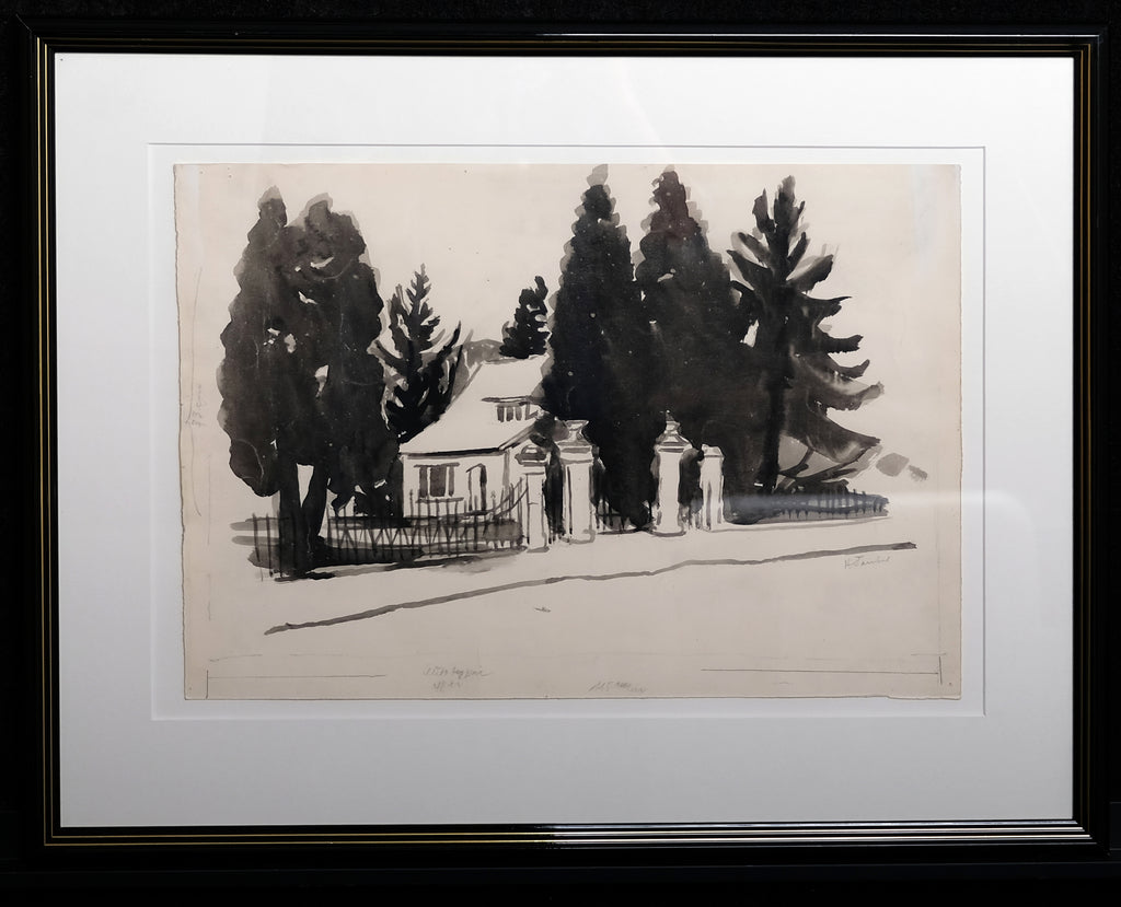 Teuber, Hermann - Haus in Baden-Baden - Schwarztonaquarell - handsigniert