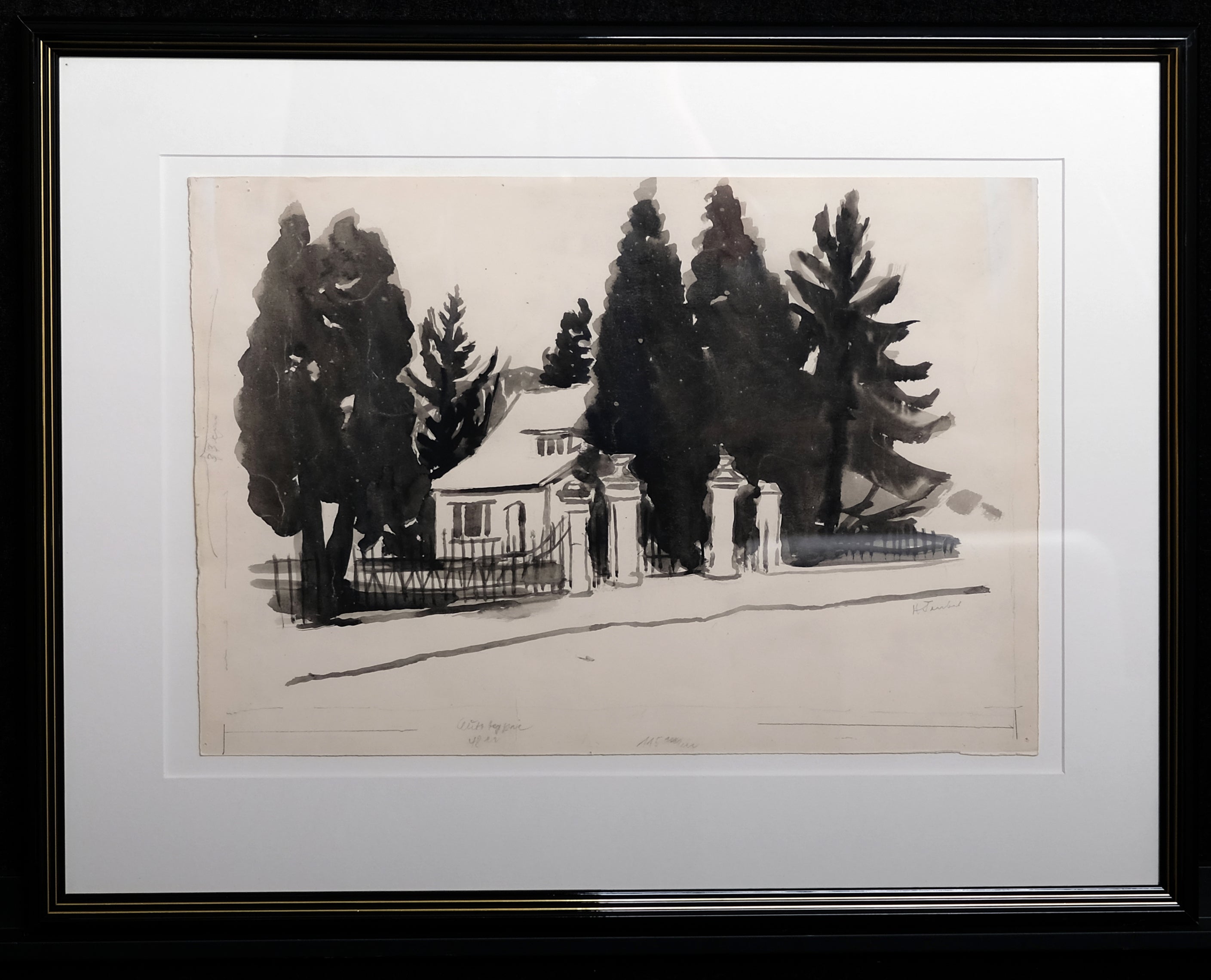 Teuber, Hermann - Haus in Baden-Baden - Schwarztonaquarell - handsigniert