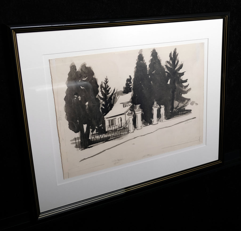 Teuber, Hermann - Haus in Baden-Baden - Schwarztonaquarell - handsigniert