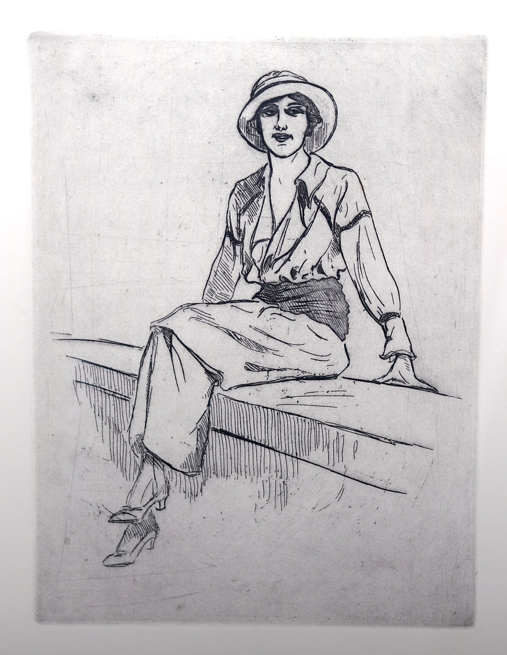 Natali, Renato - femme assise sur un muret - original Radierung